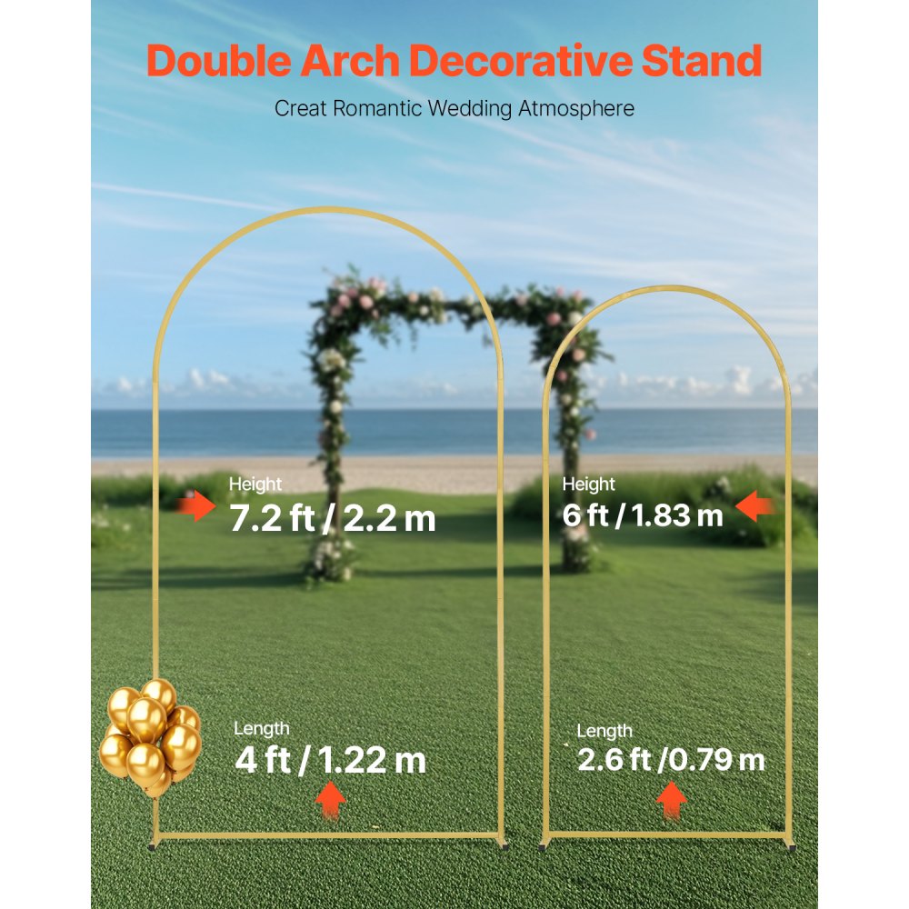 TFHQGM726FT - Gold Metal Wedding Arch Stand Set, 7.2ft & 6ft Sizes