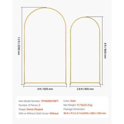 TFHQGM726FT - Gold Metal Wedding Arch Stand Set, 7.2ft & 6ft Sizes
