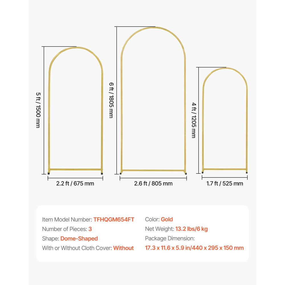 TFHQGM654FT - 3-Piece Gold Wedding Arch Stand Set, 6ft x 2.6ft Special Occasion Decor