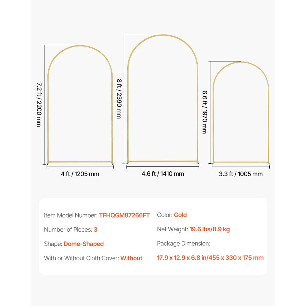 TFHQGM87266FT - Elegant Gold Metal Arch Stand Set of 3 for Weddings