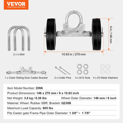 DW6 - Heavy-Duty Sliding Door Kit with Rubber Wheels, 600 lbs Capacity