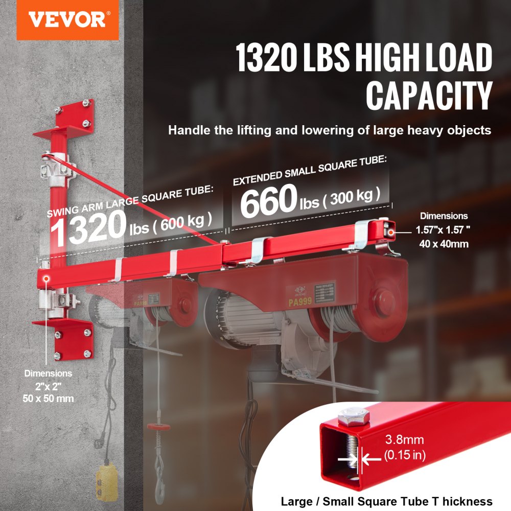 DHZJ-300/600KG - Heavy-Duty VEVOR Electric Hoist Arm, 1320 lbs Capacity