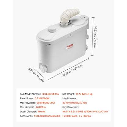 FLO500-DE Pro - Efficient 500W Macerator Pump, 29GPM, 26ft Lift