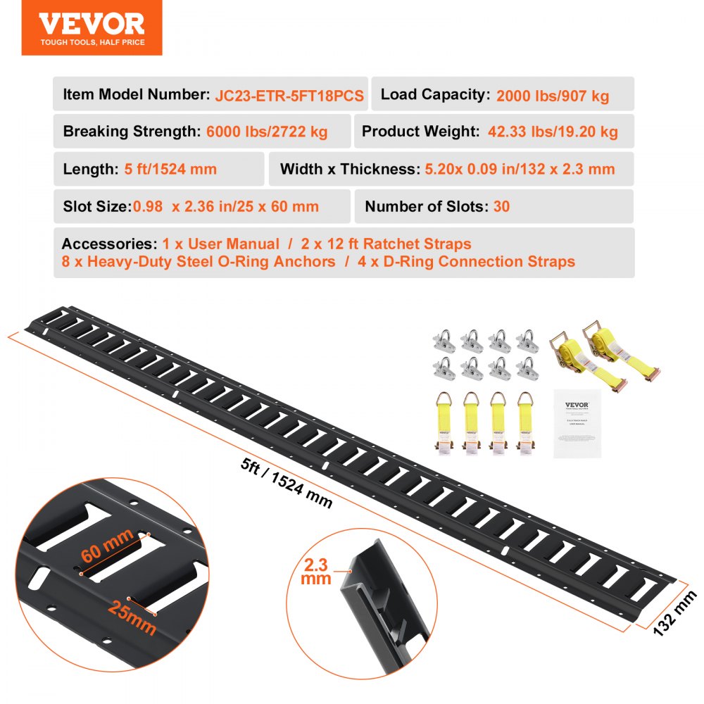 JC23-ETR-5FT18PCS - Heavy-Duty 5FT E-Track Tie-Down Kit with 2000 lbs Capacity