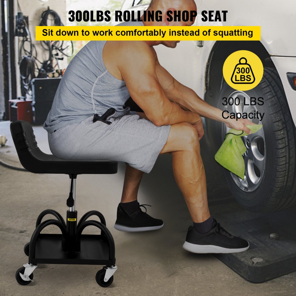 VVCCGLJH4L - Adjustable Rolling Garage Stool with Storage Tray, 300LBS Capacity