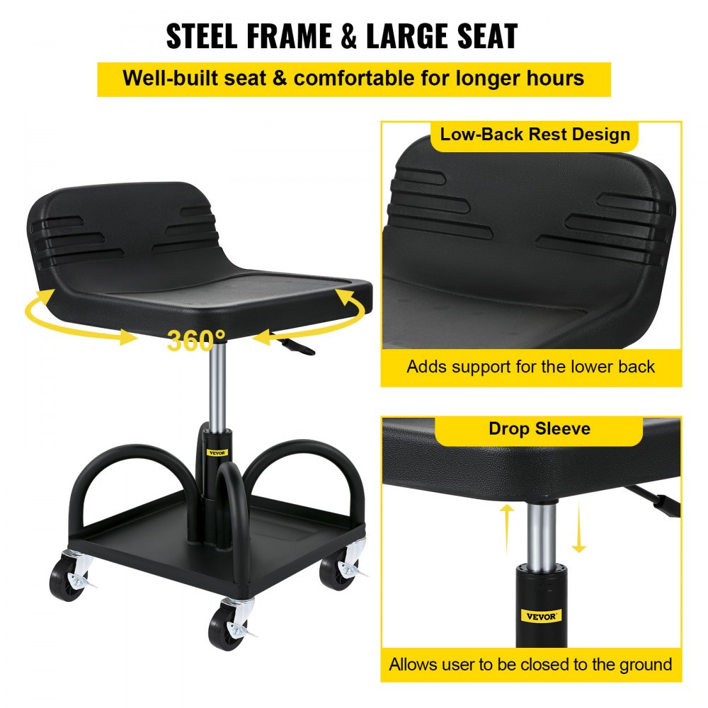VVCCGLJH4L - Adjustable Rolling Garage Stool with Storage Tray, 300LBS Capacity