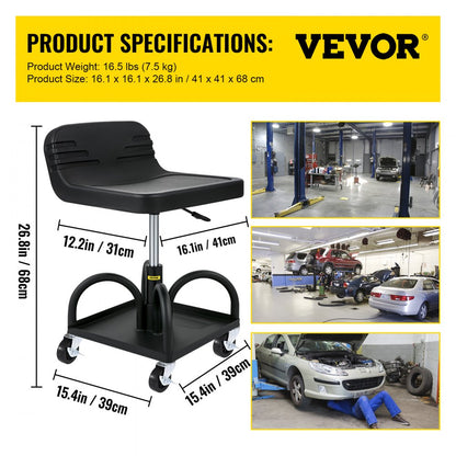 VVCCGLJH4L - Adjustable Rolling Garage Stool with Storage Tray, 300LBS Capacity