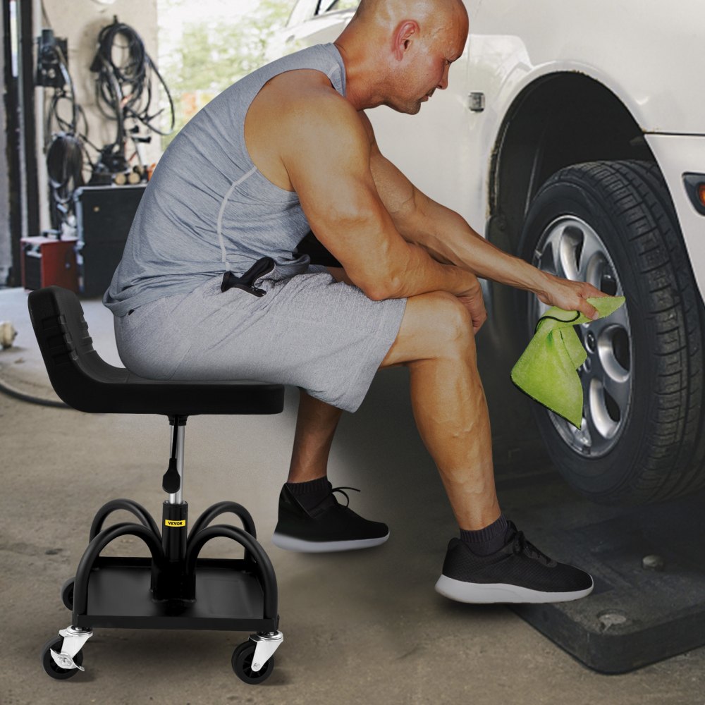 VVCCGLJH4L - Adjustable Rolling Garage Stool with Storage Tray, 300LBS Capacity