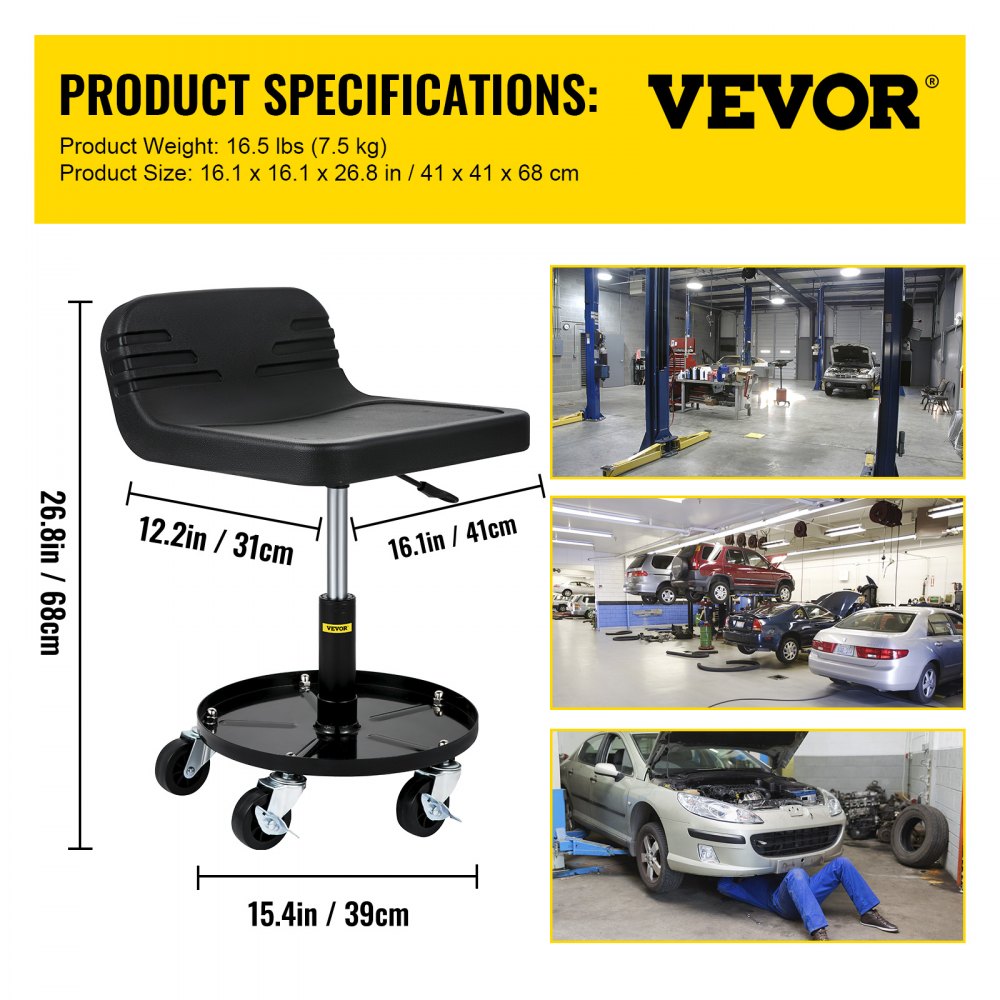 VVCCJCSJH4L - 300LBS Adjustable Rolling Garage Stool with Tool Tray