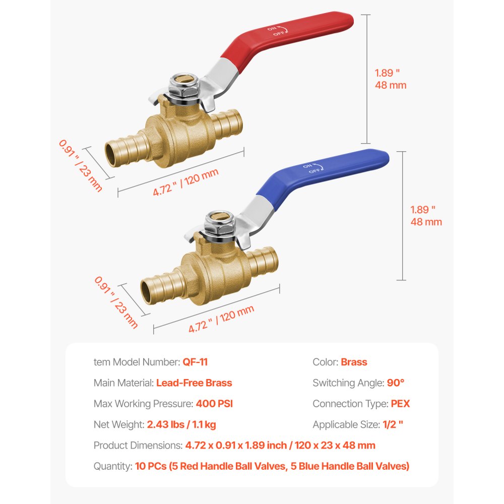 QF-11 - 10-Pack 1/2 in Lead-Free Brass PEX Ball Valves with Handles