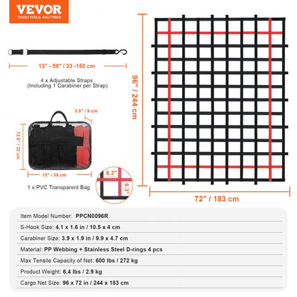 PPCN0096R - Heavy Duty 96" x 72" Cargo Net with Adjustable Straps & Hooks