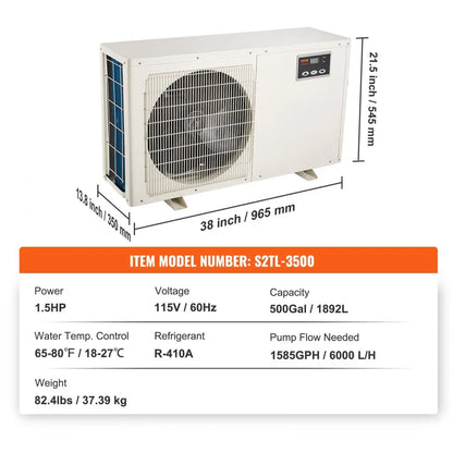S2TL3500 - VEVOR 1.5HP Aquarium Chiller for 500 Gallon Tanks