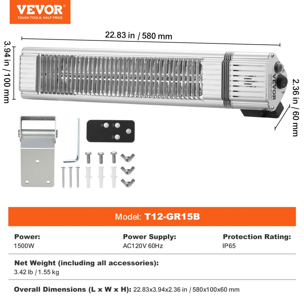 T12-GR15B - 1500W Infrared Heater for Instant Warmth, 22.83x3.94 inches