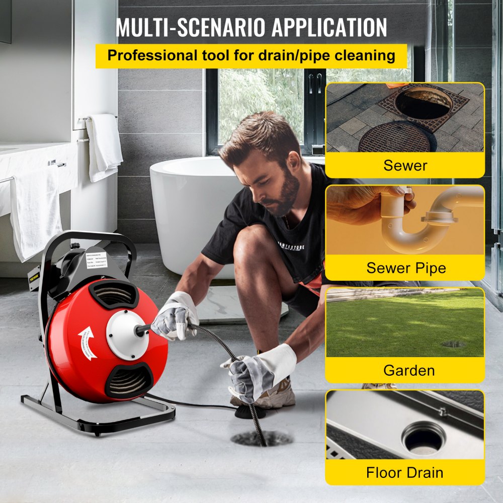 D1000 - VEVOR Electric Drain Auger with 4 Cutter Shapes, Kink-Resistant Cable