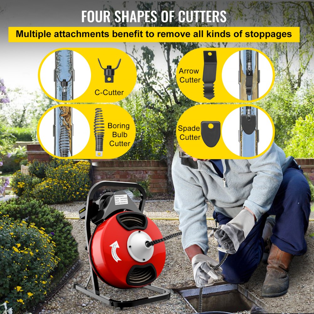 D1000 - VEVOR Electric Drain Auger with 4 Cutter Shapes, Kink-Resistant Cable