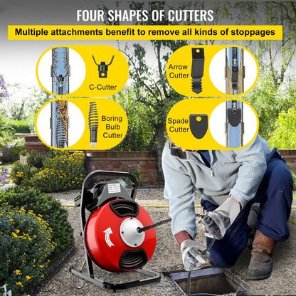 D1000 - VEVOR Electric Drain Auger with 4 Cutter Shapes, Kink-Resistant Cable