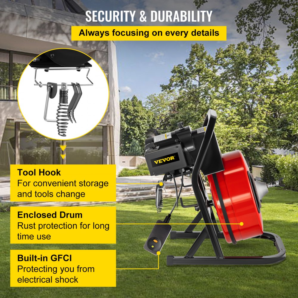 D1000 - VEVOR Electric Drain Auger with 4 Cutter Shapes, Kink-Resistant Cable