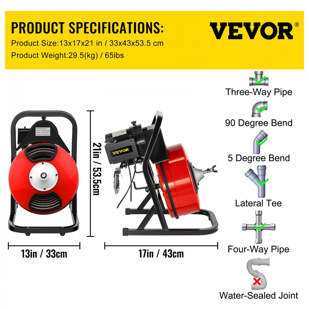 D1000 - VEVOR Electric Drain Auger with 4 Cutter Shapes, Kink-Resistant Cable