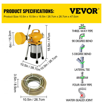HX-75 - Portable VEVOR Drain Cleaner, 66' Cable for 3/4" to 4" Pipes