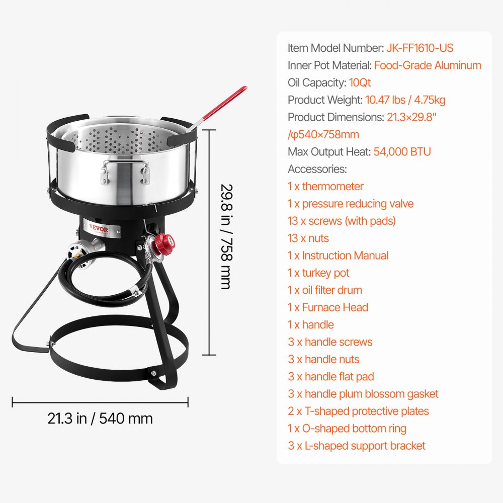 JK-FF1610-US - 10Qt Outdoor Aluminum Fryer with 54,000 BTU Burner