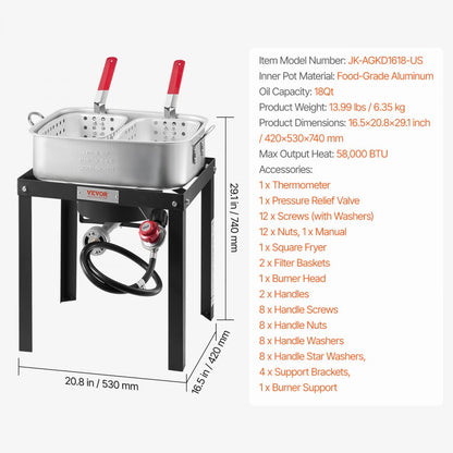 JK-AGKD1618-US Outdoor 18Qt Aluminum Fryer Kit with 58,000 BTU Burner