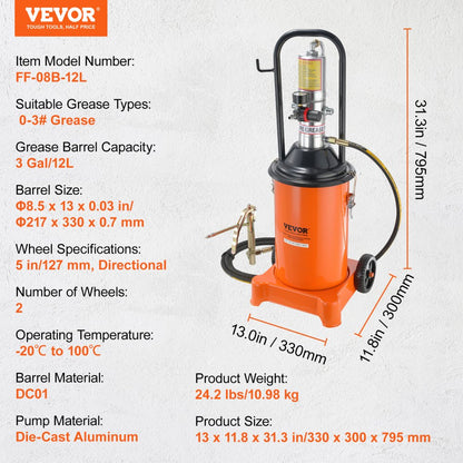 FF-08B-12L - 3 Gal VEVOR Grease Pump with 13 ft Hose, 50:1 Ratio