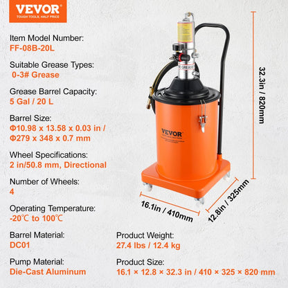 FF-08B-20L - Efficient 5 Gal VEVOR Grease Pump for Heavy-Duty Machinery