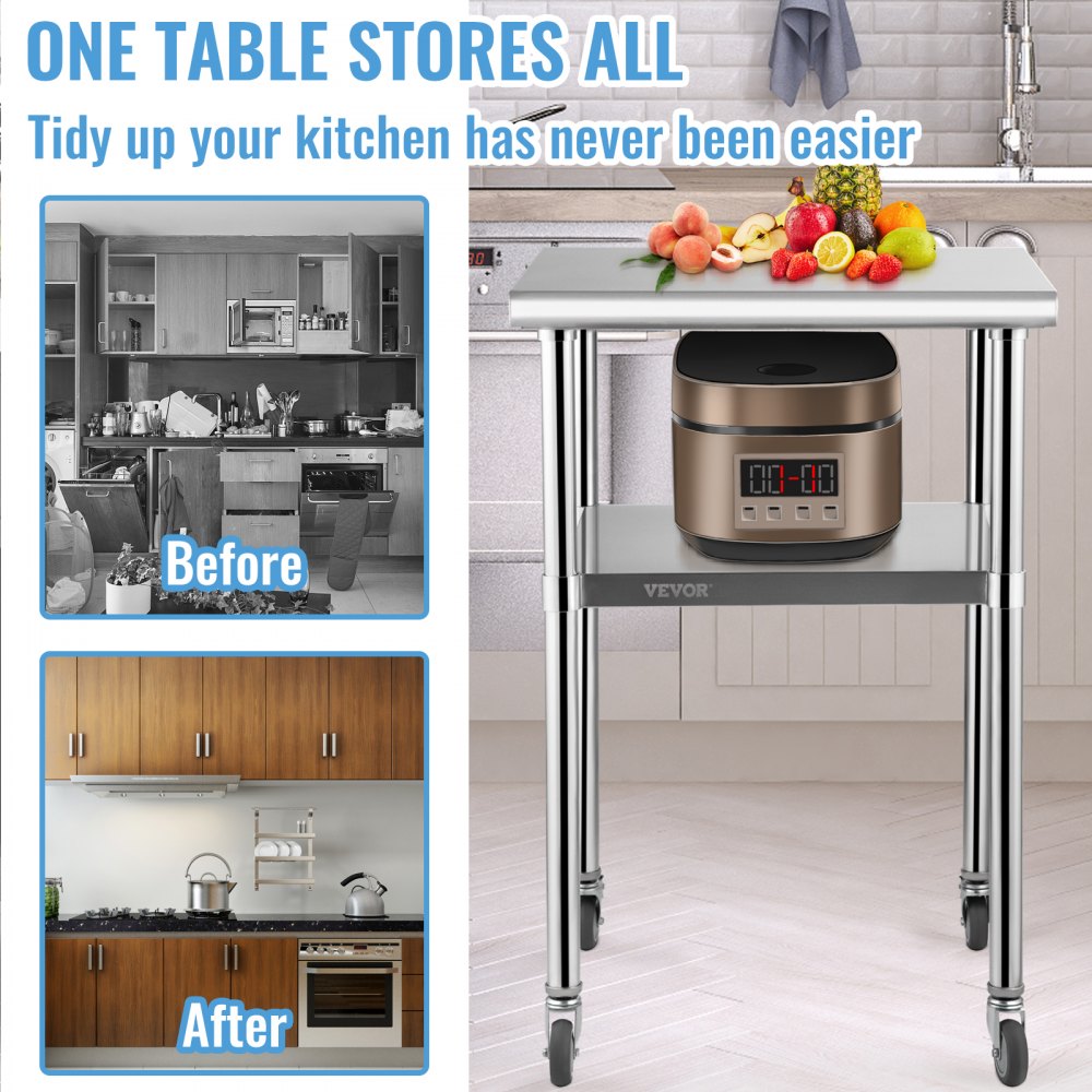 VV-SSWR-JL-24*24 - Heavy-Duty 600lbs Stainless Steel Prep Table with Casters