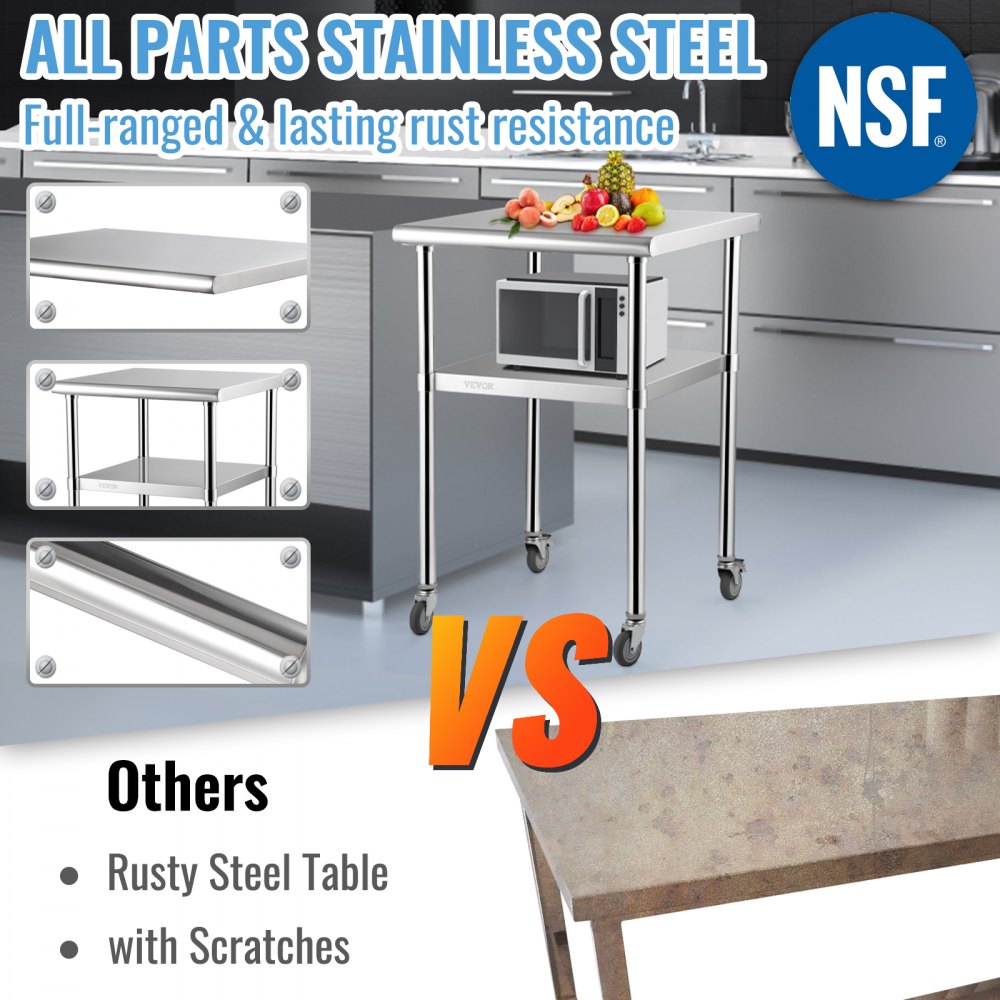 VV-SSWR-JL-24*24 - Heavy-Duty 600lbs Stainless Steel Prep Table with Casters