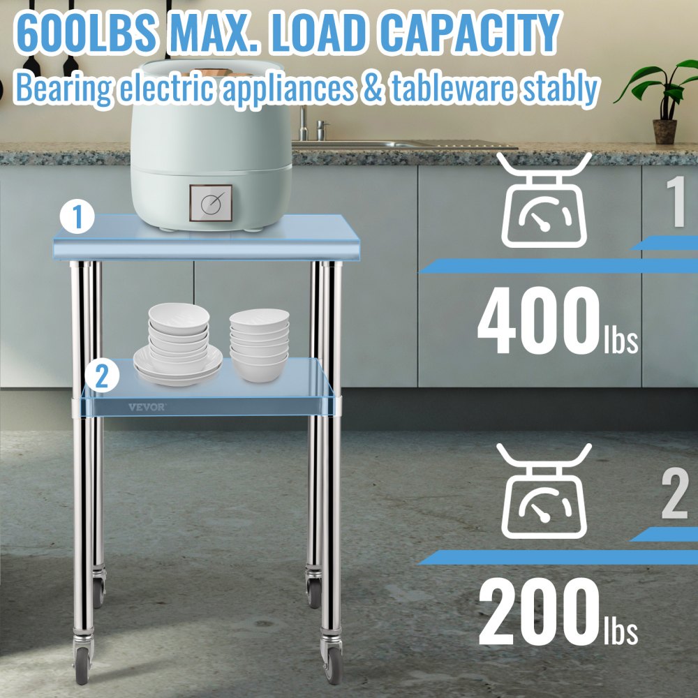 VV-SSWR-JL-24*24 - Heavy-Duty 600lbs Stainless Steel Prep Table with Casters