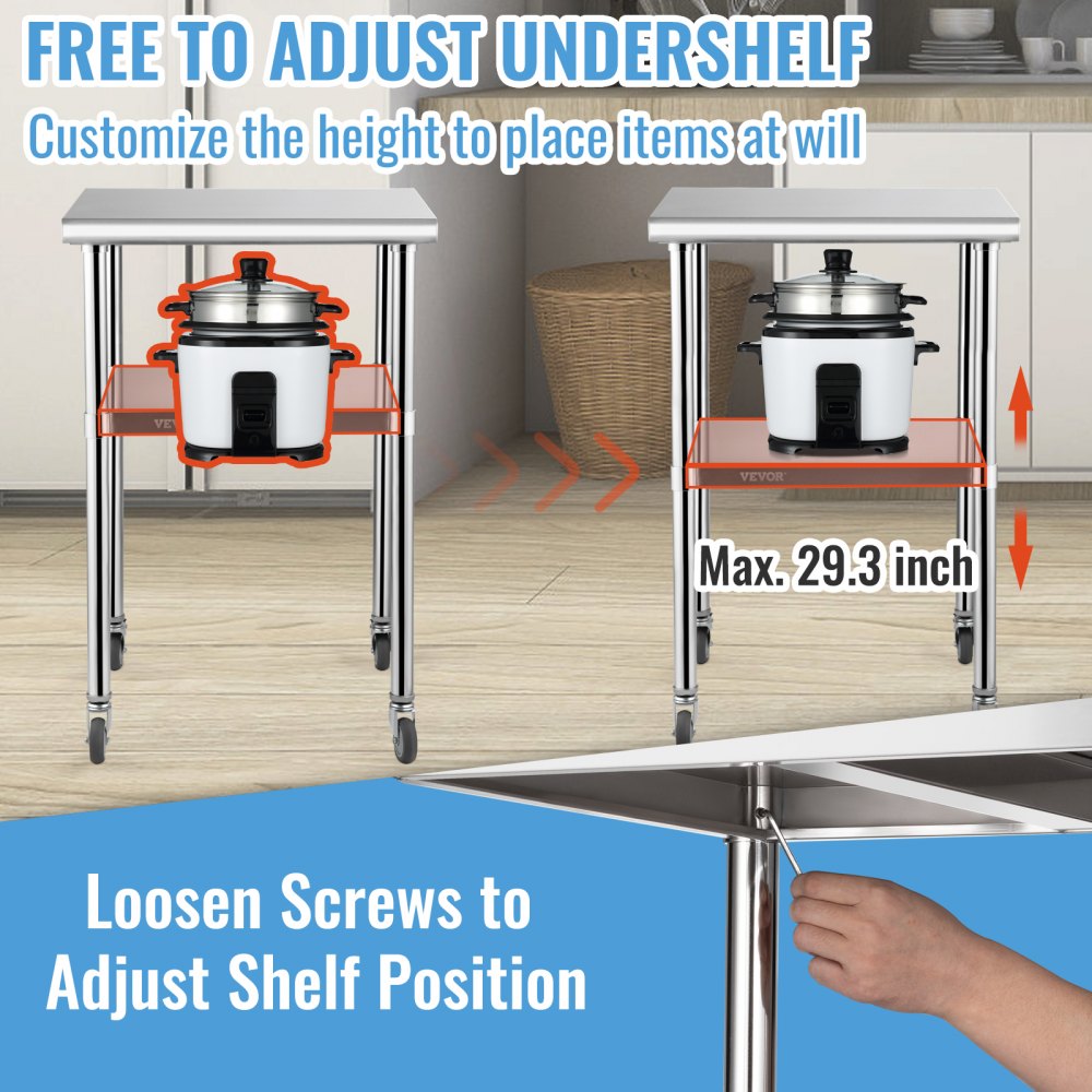 VV-SSWR-JL-24*24 - Heavy-Duty 600lbs Stainless Steel Prep Table with Casters