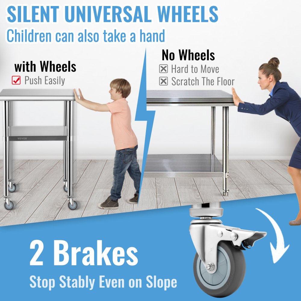 VV-SSWR-JL-24*24 - Heavy-Duty 600lbs Stainless Steel Prep Table with Casters