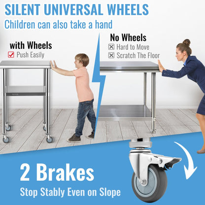 VV-SSWR-JL-24*24 - Heavy-Duty 600lbs Stainless Steel Prep Table with Casters
