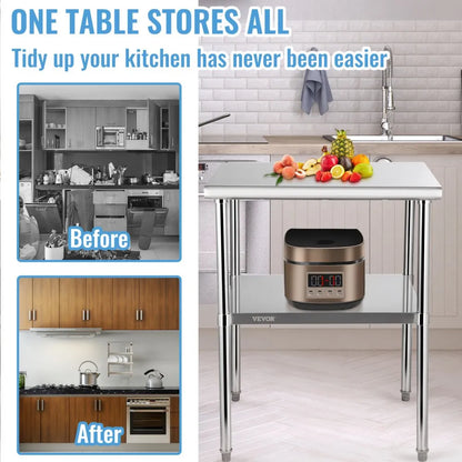 VV-SSWR-30*30 - Heavy-Duty Stainless Steel Prep Table with Adjustable Undershelf
