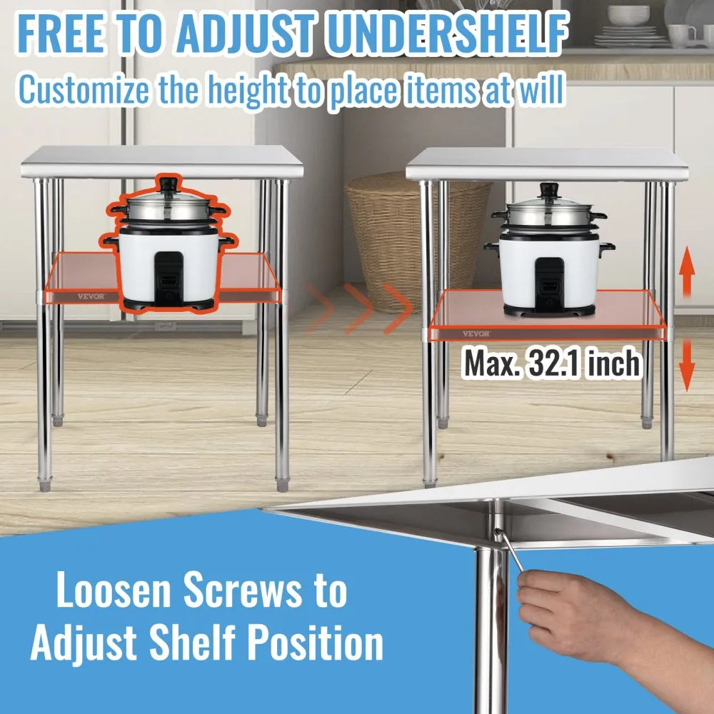 VV-SSWR-30*30 - Heavy-Duty Stainless Steel Prep Table with Adjustable Undershelf