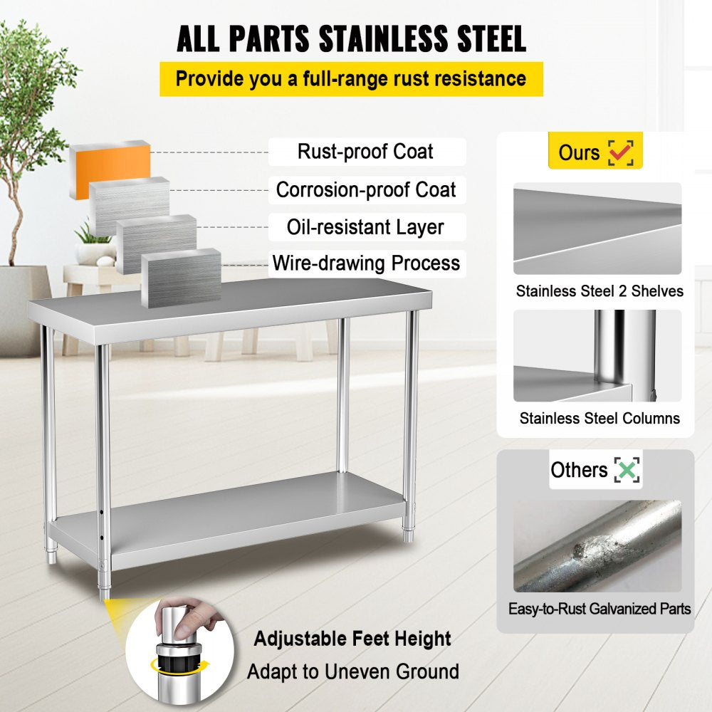 VV-SSWT-WJL-4818 - Heavy-Duty Stainless Steel Prep Table with Adjustable Undershelf