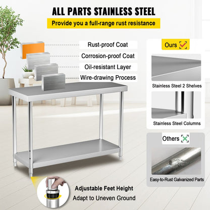VV-SSWT-WJL-4818 - Heavy-Duty Stainless Steel Prep Table with Adjustable Undershelf