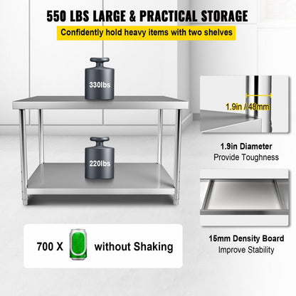 VV-SSWT-WJL-4818 - Heavy-Duty Stainless Steel Prep Table with Adjustable Undershelf