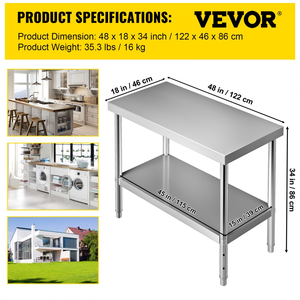 VV-SSWT-WJL-4818 - Heavy-Duty Stainless Steel Prep Table with Adjustable Undershelf