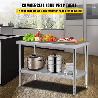 VV-SSWT-WJL-4824 - Heavy-Duty Stainless Steel Prep Table with Adjustable Undershelf
