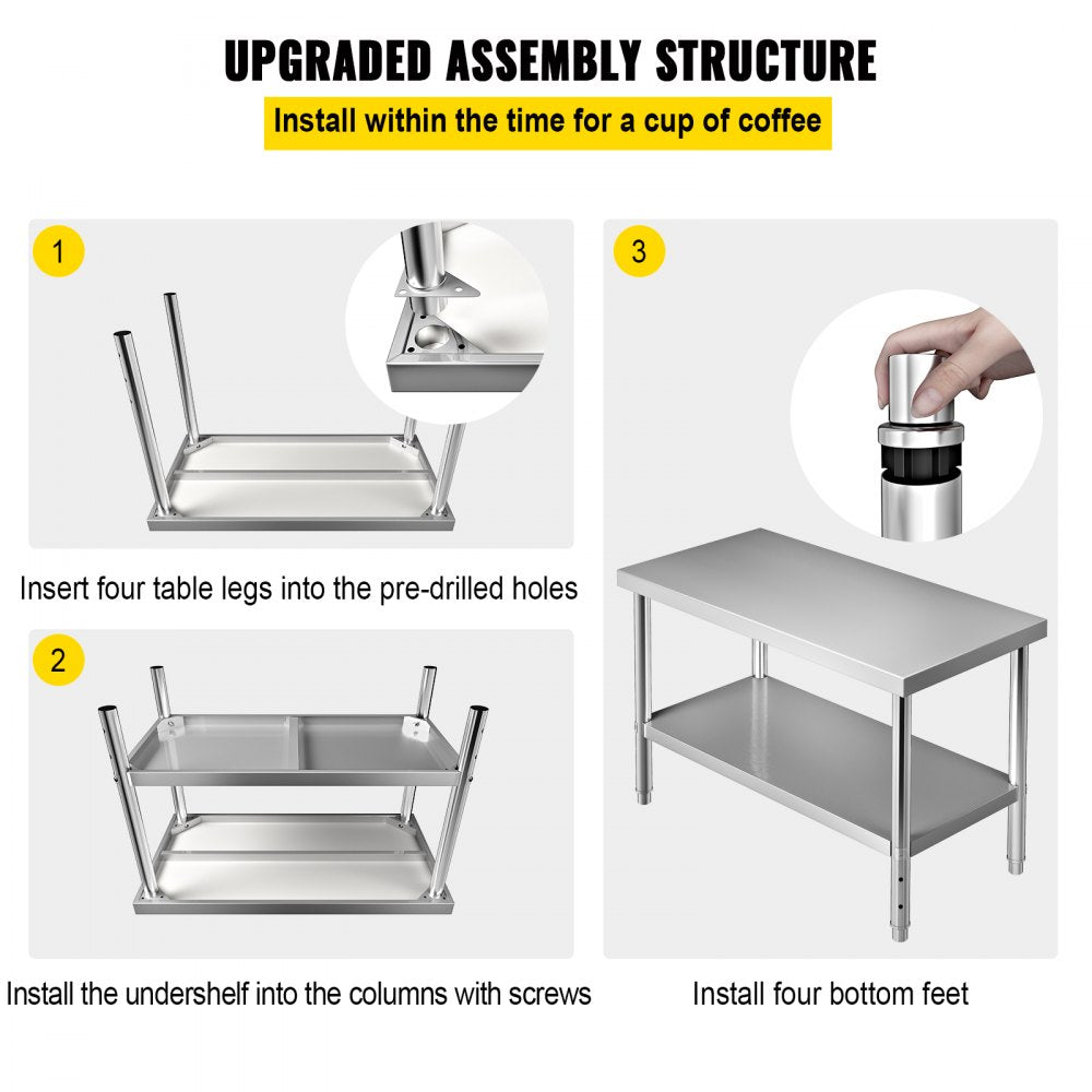VV-SSWT-WJL-4824 - Heavy-Duty Stainless Steel Prep Table with Adjustable Undershelf