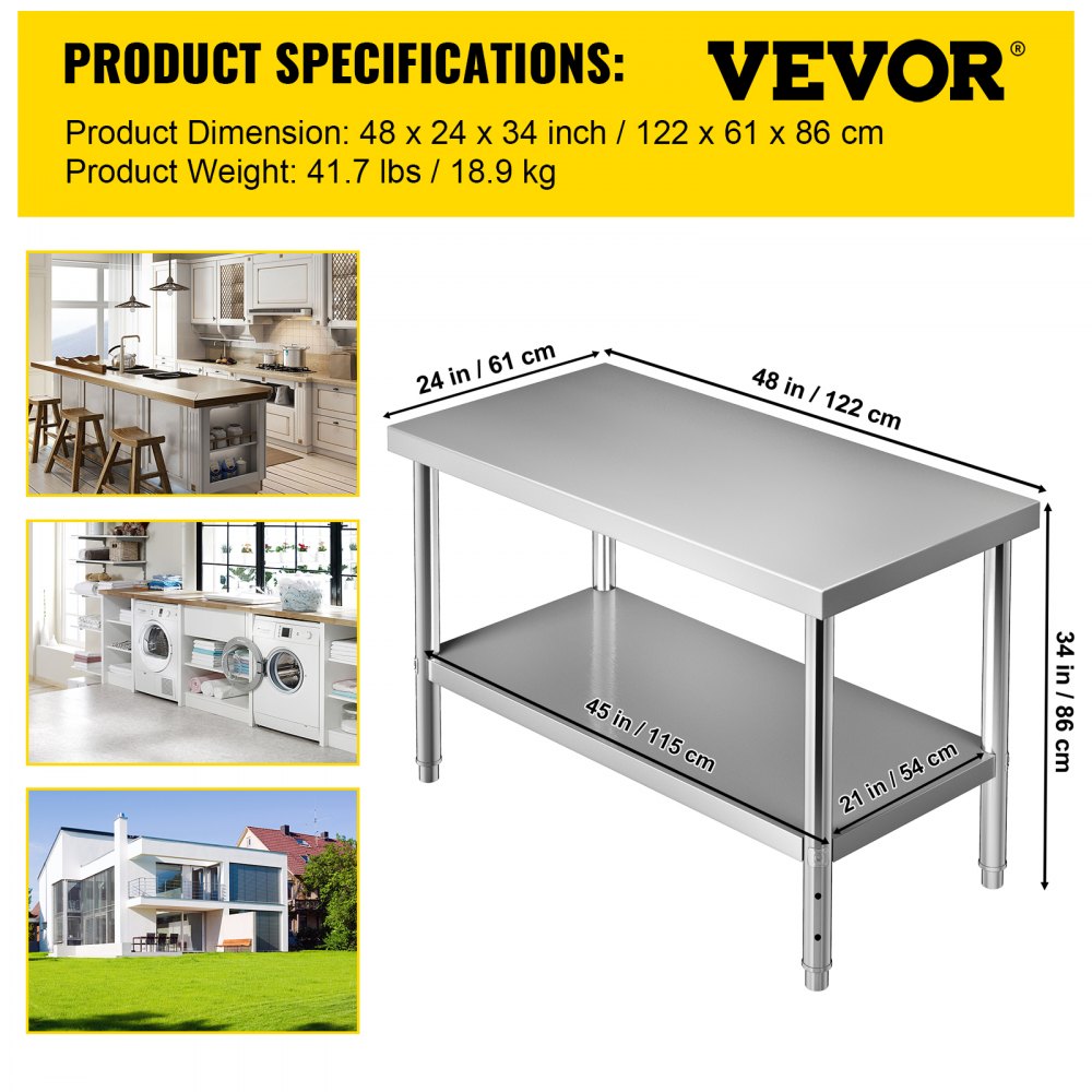 VV-SSWT-WJL-4824 - Heavy-Duty Stainless Steel Prep Table with Adjustable Undershelf