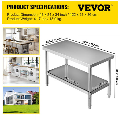 VV-SSWT-WJL-4824 - Heavy-Duty Stainless Steel Prep Table with Adjustable Undershelf