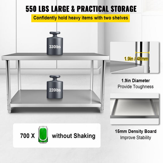 VV-SSWT-WJL-6024 - Durable Stainless Steel Prep Table with Adjustable Undershelf
