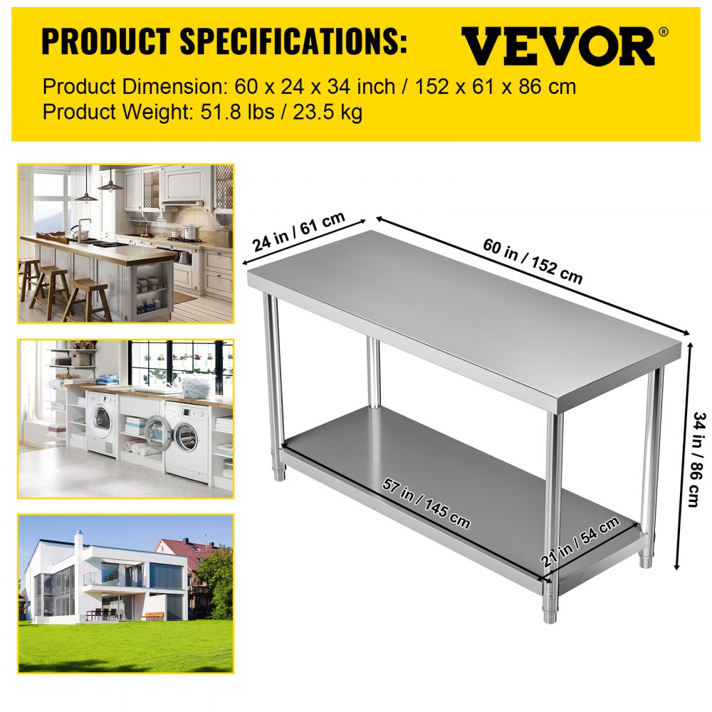 VV-SSWT-WJL-6024 - Durable Stainless Steel Prep Table with Adjustable Undershelf