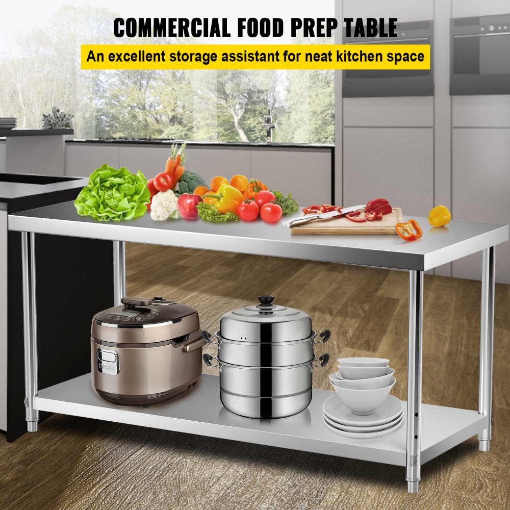 VV-SSWT-WJL-7230 - Heavy-Duty Stainless Steel Prep Table with Adjustable Shelves