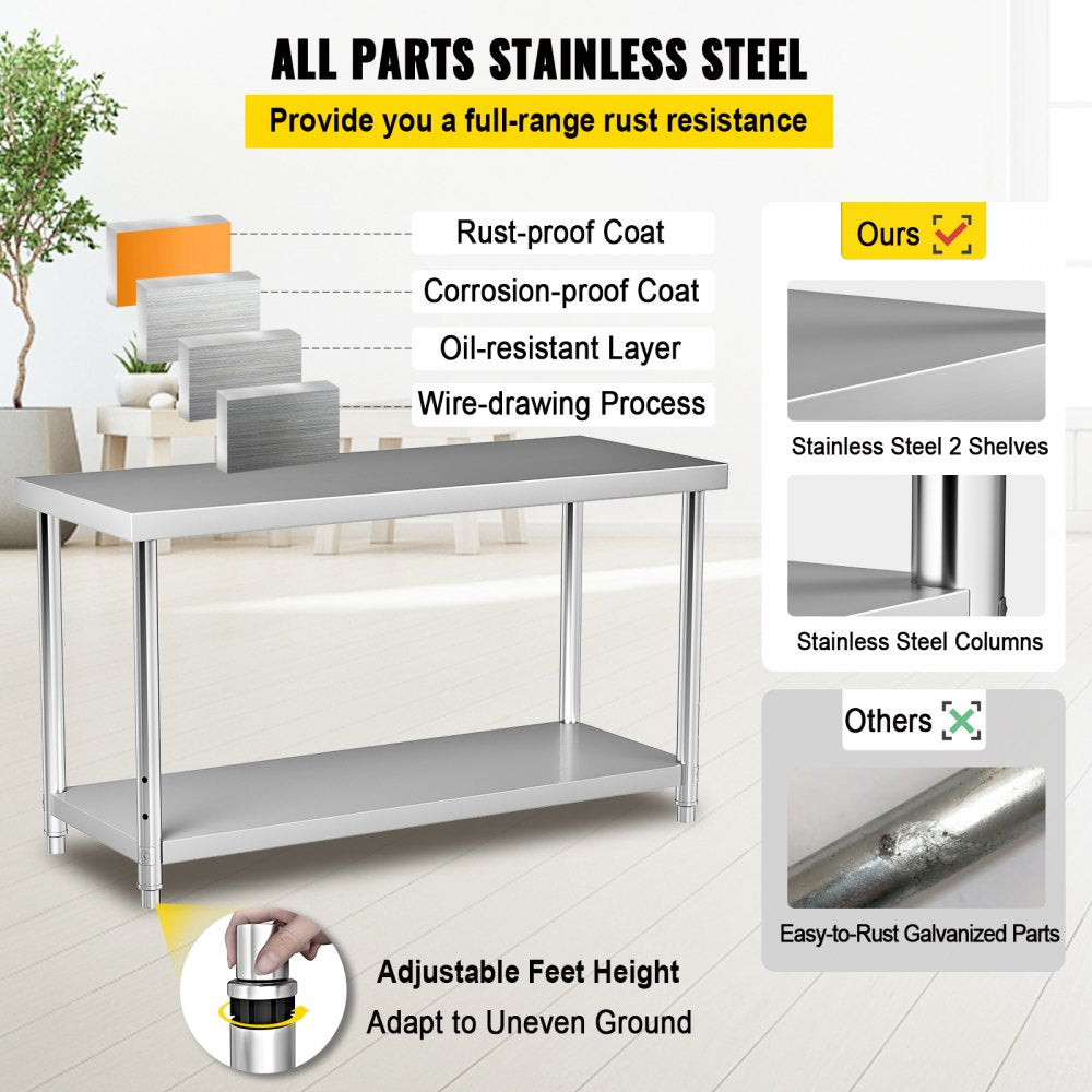 VV-SSWT-WJL-7230 - Heavy-Duty Stainless Steel Prep Table with Adjustable Shelves