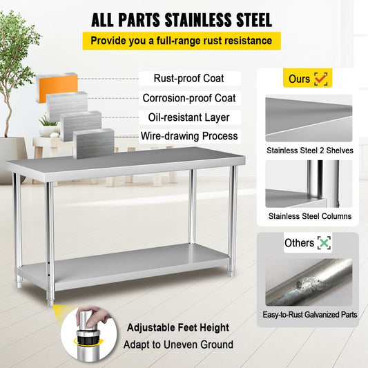 VV-SSWT-WJL-7230 - Heavy-Duty Stainless Steel Prep Table with Adjustable Shelves