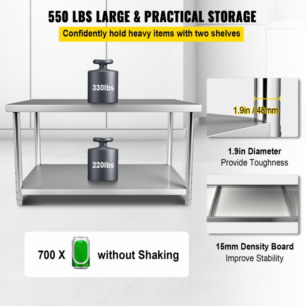 VV-SSWT-WJL-7230 - Heavy-Duty Stainless Steel Prep Table with Adjustable Shelves