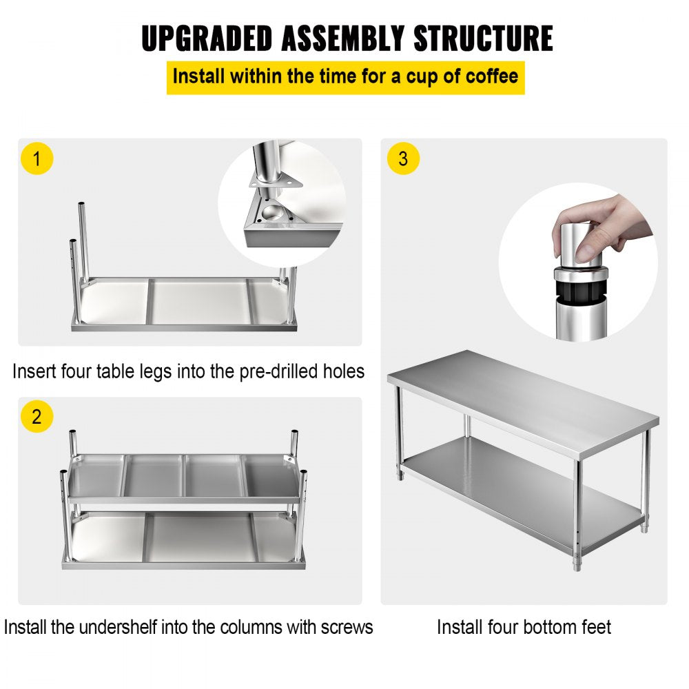 VV-SSWT-WJL-7230 - Heavy-Duty Stainless Steel Prep Table with Adjustable Shelves